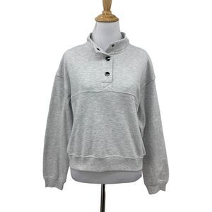 The Commons Hoodie Crop Sweater Womens L Gray Snap 1/4 Button Mock Neck Pullover